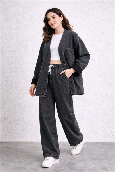 Kadın Oversize Denim Takım Bol Paça Pantolonlu Günlük Jean Takım Antrasit