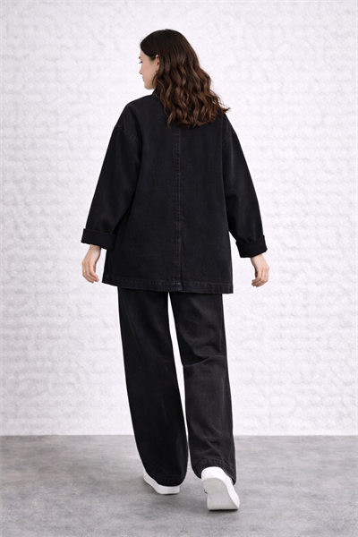 Kadın Oversize Denim Takım Bol Paça Pantolonlu Günlük Jean Takım Siyah