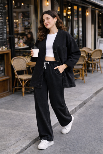 Kadın Oversize Denim Takım Bol Paça Pantolonlu Günlük Jean Takım Siyah
