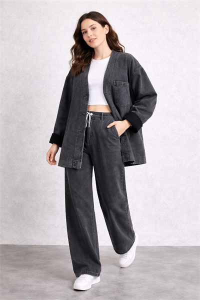 Kadın Oversize Denim Takım Bol Paça Pantolonlu Günlük Jean Takım Antrasit