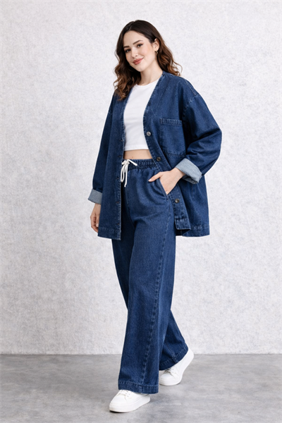Kadın Oversize Denim Takım Bol Paça Pantolonlu Günlük Jean Takım Lacivert