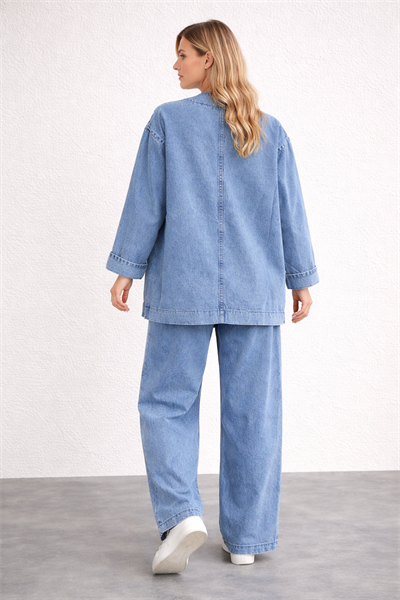 Kadın Oversize Denim Takım – Lastikli Wide Paça Pantolonlu Açık Mavi