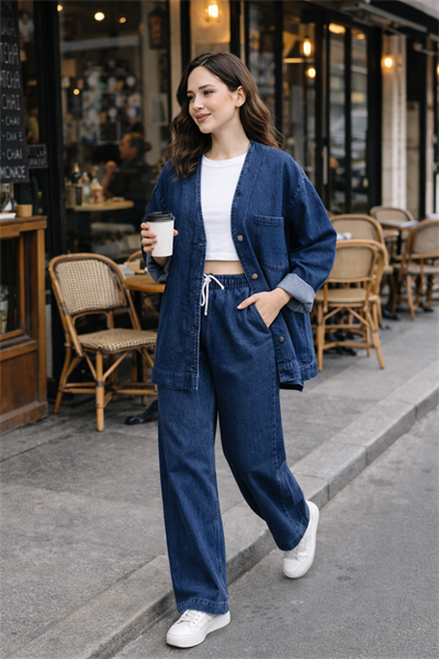 Kadın Oversize Denim Takım Bol Paça Pantolonlu Günlük Jean Takım Lacivert
