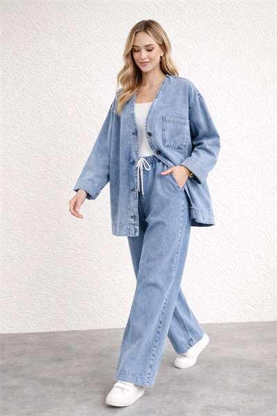 Kadın Oversize Denim Takım – Lastikli Wide Paça Pantolonlu Açık Mavi