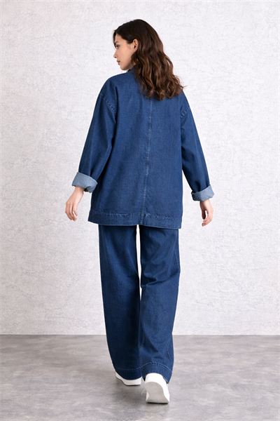 Kadın Oversize Denim Takım Bol Paça Pantolonlu Günlük Jean Takım Lacivert