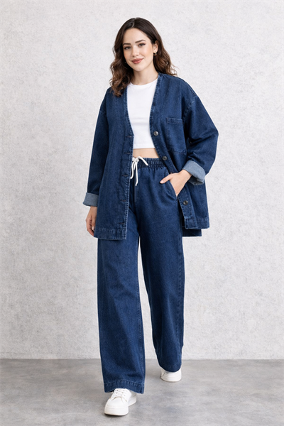 Kadın Oversize Denim Takım Bol Paça Pantolonlu Günlük Jean Takım Lacivert