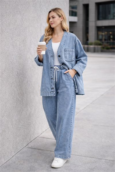 Kadın Oversize Denim Takım – Lastikli Wide Paça Pantolonlu Açık Mavi