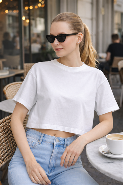 Kadin Oversize Fit Crop Tişört Beyaz