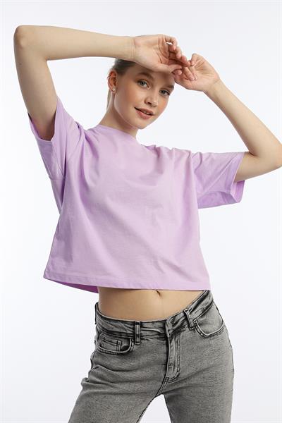 Kadin Oversize Fit Crop Tişört Lila