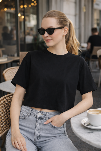 Kadin Oversize Fit Crop Tişört Siyah