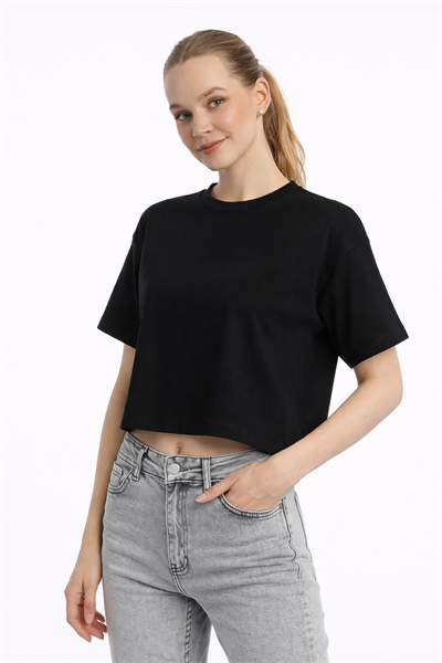 Kadin Oversize Fit Crop Tişört Siyah