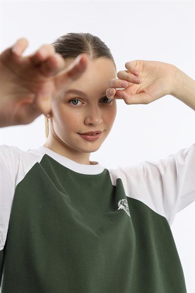 Kadın Oversize Fit Reglan Kol Basic Tişört Haki
