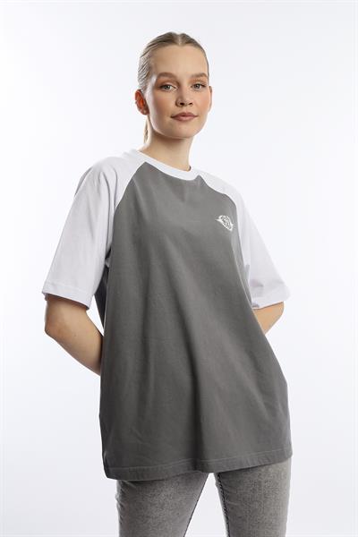 Kadın Oversize Fit Reglan Kol Basic Tişört Gri