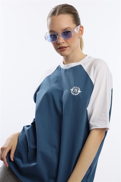 Kadın Oversize Fit Reglan Kol Basic Tişört İndigo