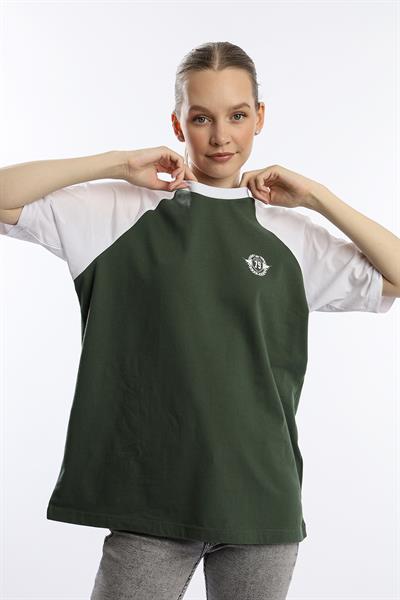 Kadın Oversize Fit Reglan Kol Basic Tişört Haki