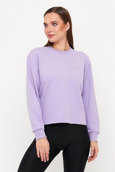 Kadın Oversize Karbon Fırçalı 3 İplik Crop Sweatshirt Lila