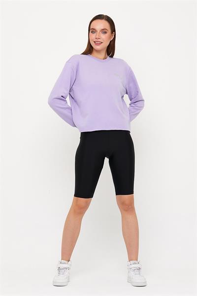 Kadın Oversize Karbon Fırçalı 3 İplik Crop Sweatshirt Lila