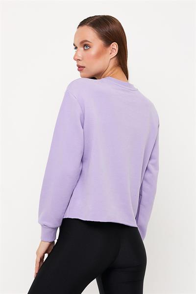 Kadın Oversize Karbon Fırçalı 3 İplik Crop Sweatshirt Lila