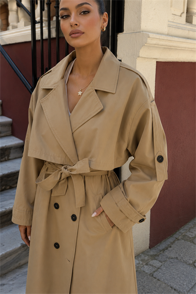 Kadın Oversize Kemerli Uzun Trençkot - Bej
