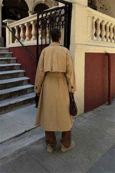 Kadın Oversize Kemerli Uzun Trençkot - Bej