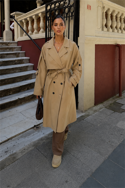 Kadın Oversize Kemerli Uzun Trençkot - Bej