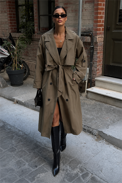 Kadın Oversize Kemerli Uzun Trençkot - Haki