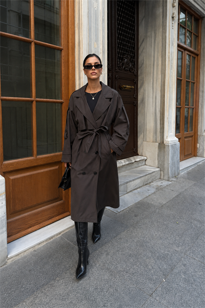 Kadın Oversize Kemerli Uzun Trençkot - Kahve