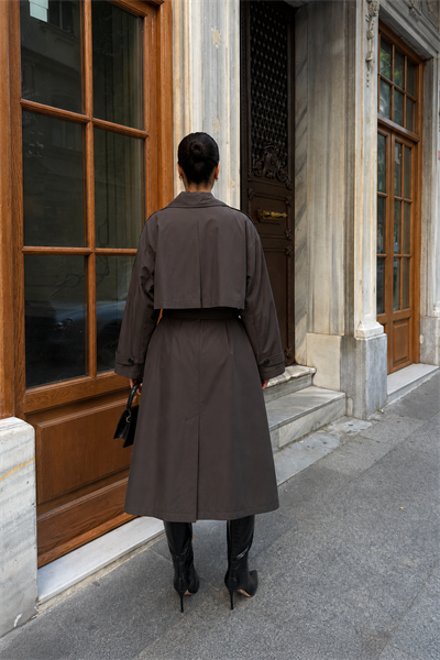 Kadın Oversize Kemerli Uzun Trençkot - Kahve