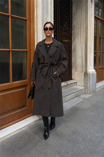 Kadın Oversize Kemerli Uzun Trençkot - Kahve