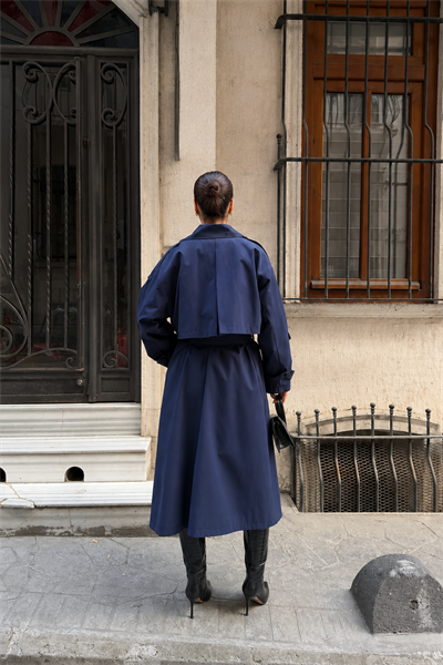 Kadın Oversize Kemerli Uzun Trençkot - Lacivert