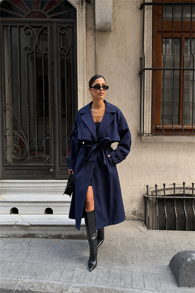 Kadın Oversize Kemerli Uzun Trençkot - Lacivert