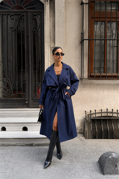 Kadın Oversize Kemerli Uzun Trençkot - Lacivert