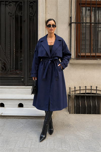 Kadın Oversize Kemerli Uzun Trençkot - Lacivert