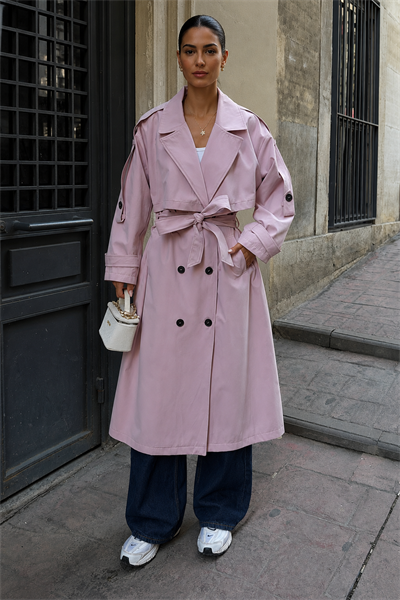 Kadın Oversize Kemerli Uzun Trençkot - Pembe