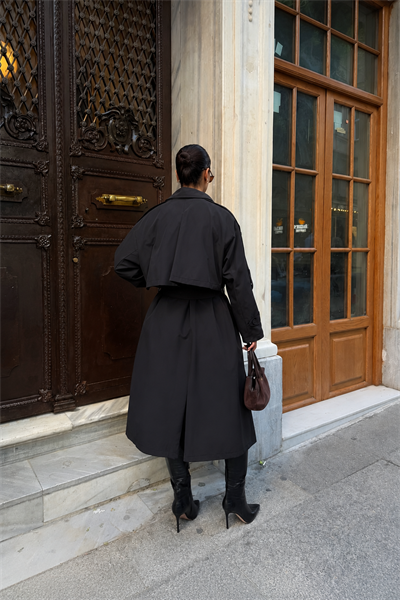 Kadın Oversize Kemerli Uzun Trençkot - Siyah