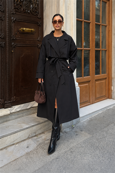 Kadın Oversize Kemerli Uzun Trençkot - Siyah