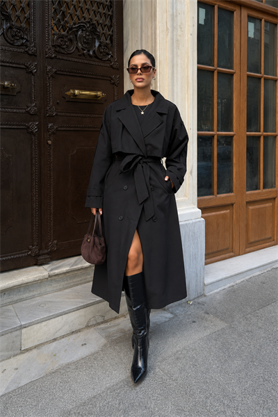 Kadın Oversize Kemerli Uzun Trençkot - Siyah