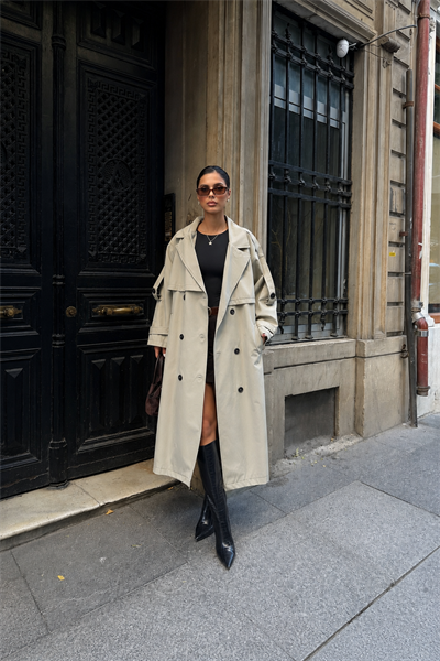 Kadın Oversize Kemerli Uzun Trençkot - Taş