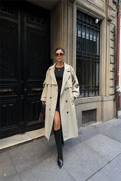 Kadın Oversize Kemerli Uzun Trençkot - Taş