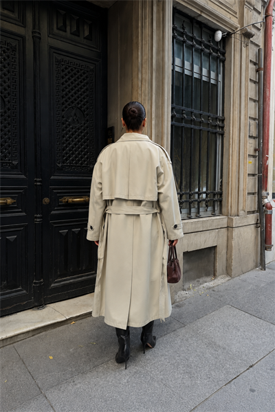 Kadın Oversize Kemerli Uzun Trençkot - Taş