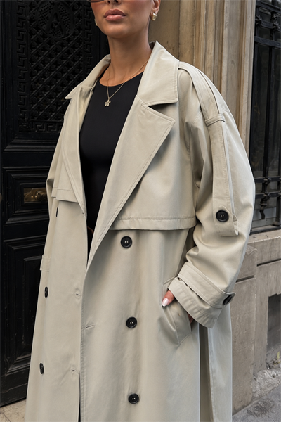 Kadın Oversize Kemerli Uzun Trençkot - Taş