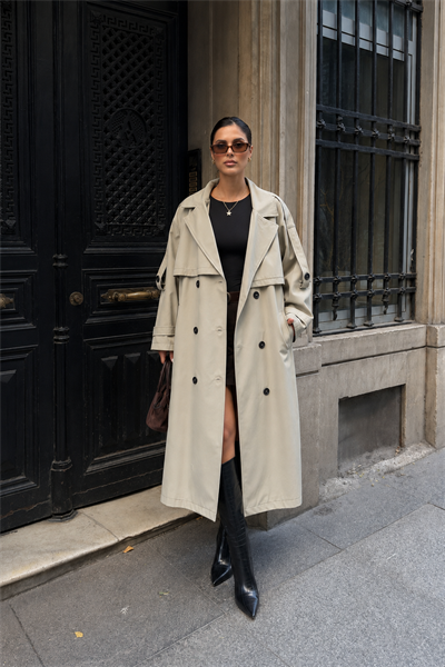 Kadın Oversize Kemerli Uzun Trençkot - Taş