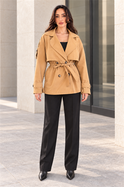 Kadın Oversize Kruvaze Yaka Kemerli Pelerin Detaylı Kısa Trençkot - Camel Camel