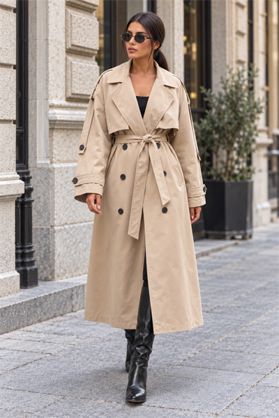 Kadın Oversize Kuşaklı Kol Şerit Detaylı Uzun Trençkot - Bej