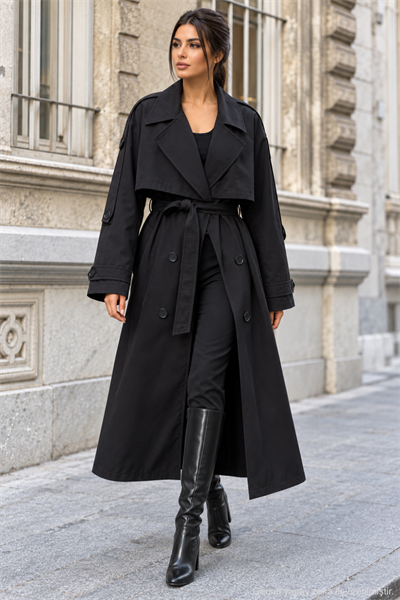 Kadın Oversize Kuşaklı Kol Şerit Detaylı Uzun Trençkot - Siyah