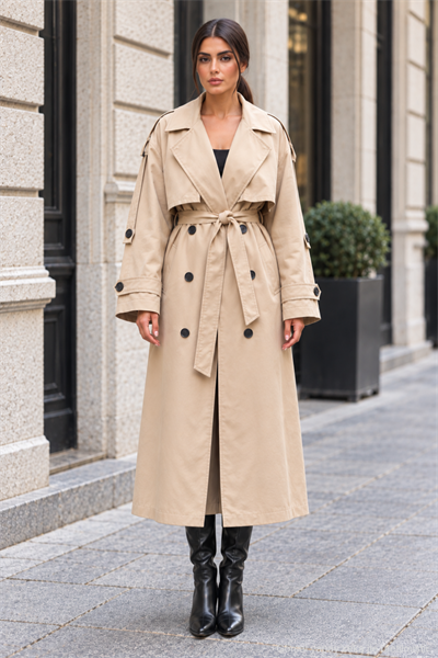 Kadın Oversize Kuşaklı Kol Şerit Detaylı Uzun Trençkot - Bej