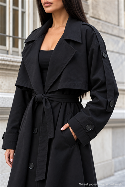 Kadın Oversize Kuşaklı Kol Şerit Detaylı Uzun Trençkot - Siyah