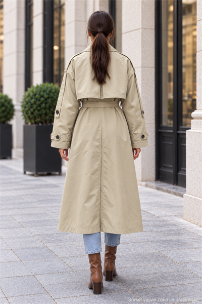 Kadın Oversize Kuşaklı Kol Şerit Detaylı Uzun Trençkot - Haki