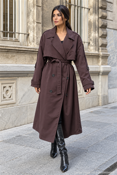 Kadın Oversize Kuşaklı Kol Şerit Detaylı Uzun Trençkot - Kahve