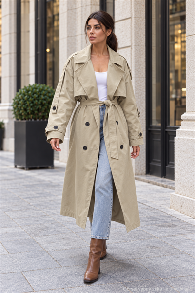 Kadın Oversize Kuşaklı Kol Şerit Detaylı Uzun Trençkot - Haki